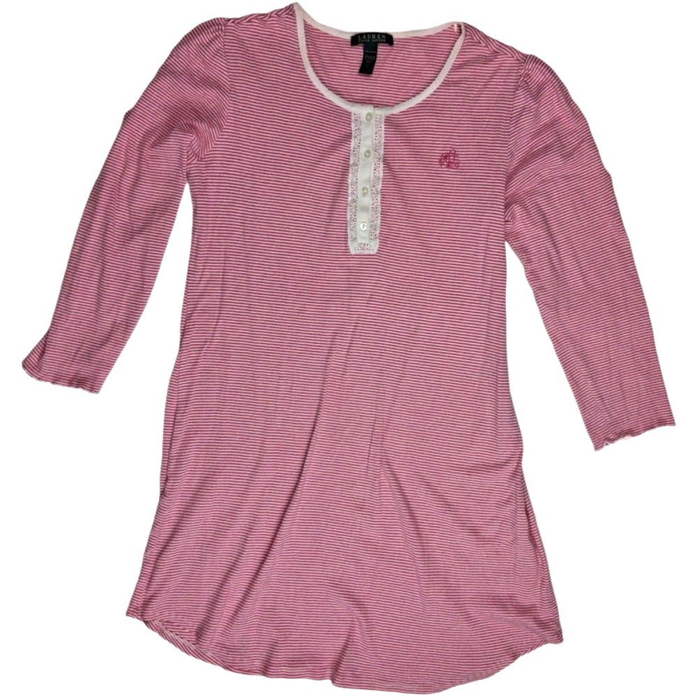 Lauren Ralph Lauren Pink White Sz Large Stripe Nightgown Cotton 3/4 Sleeve